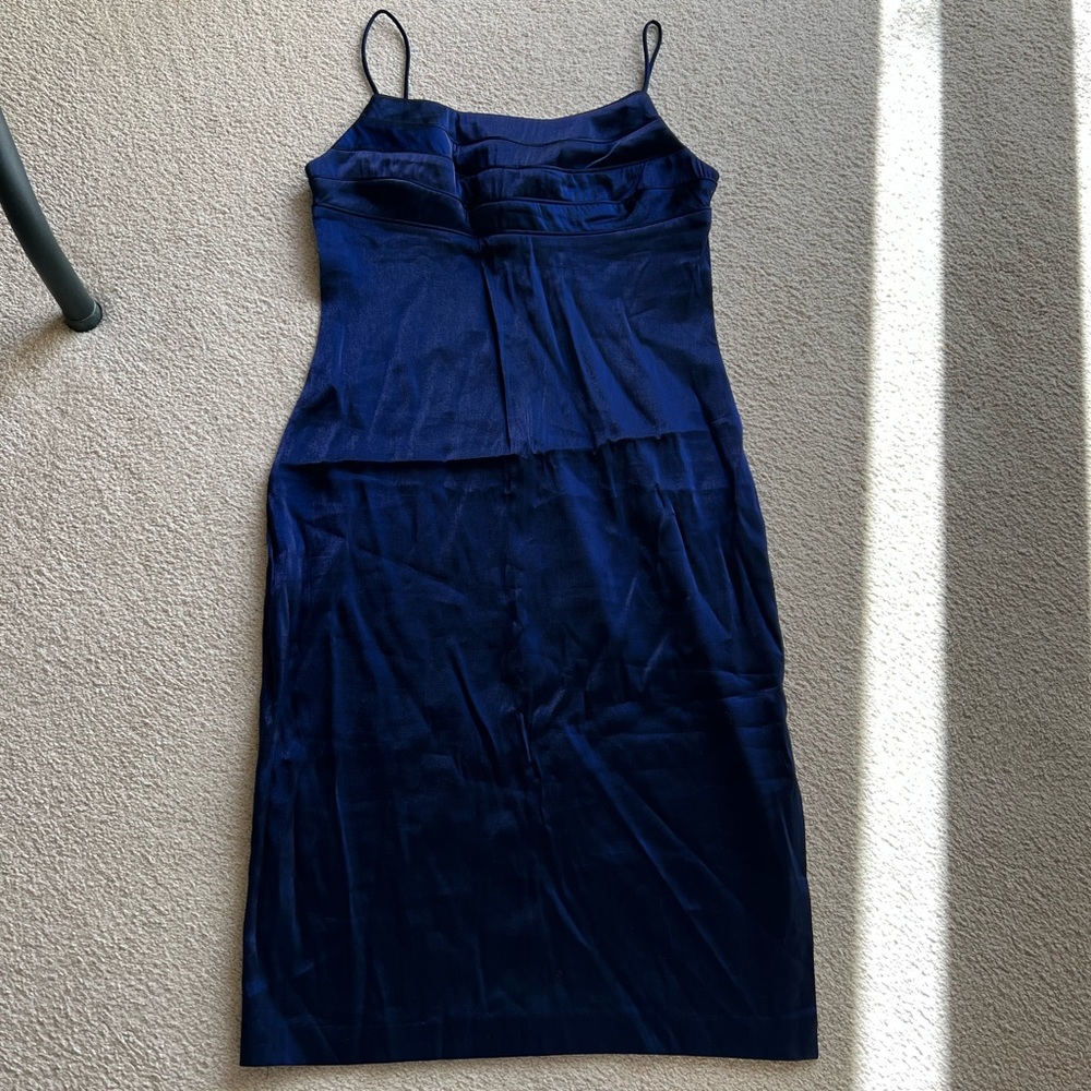 Juniors Women DE LARU BodyCon BLUE Satin Shiny MIDI Slit Slip DRESS Blue 11/12